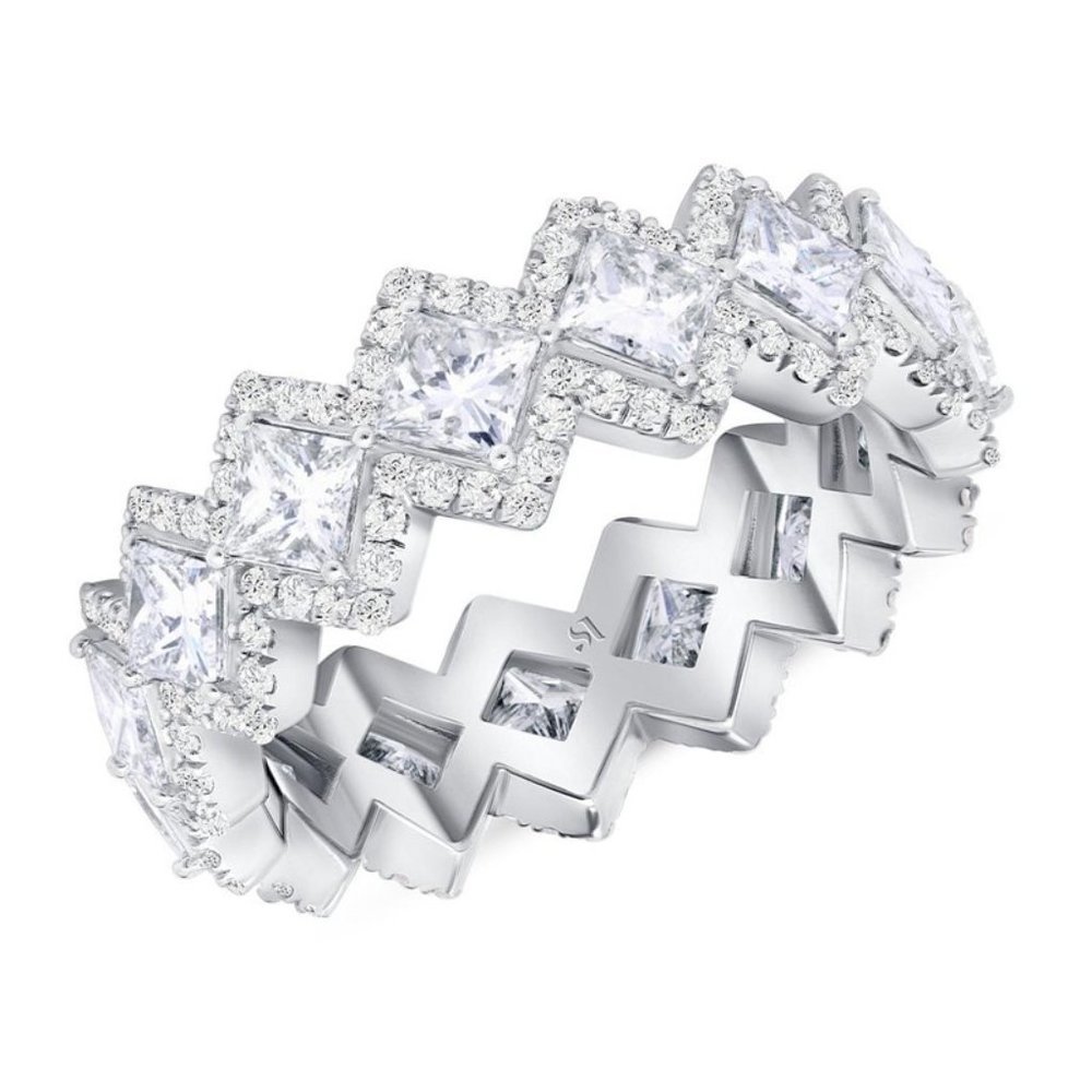 🔥925 Silver Plated Princess Cut CZ Unique Wedding Ring, MLNN1096 - Picture 2 of 2